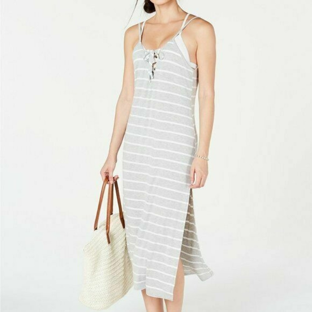 Miken Sleeveless Lace-Up Swimsuit Cover-Up Dress Size Large Grey Striped NEW
